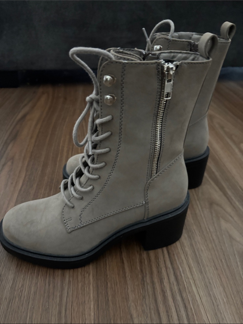 MIA Taupe Lace-Up Side-Zip Chunky Heel Boots
